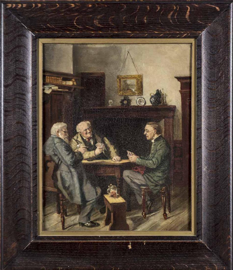 Continental School (19th Century): Three Gentlemen Playing Cards. Oil on canvas, 19th century. Unsigned. Canvas size 15 x 12 inches. Framed. Notice to bidders: Condition reports and additional photographs are provided by request as a c