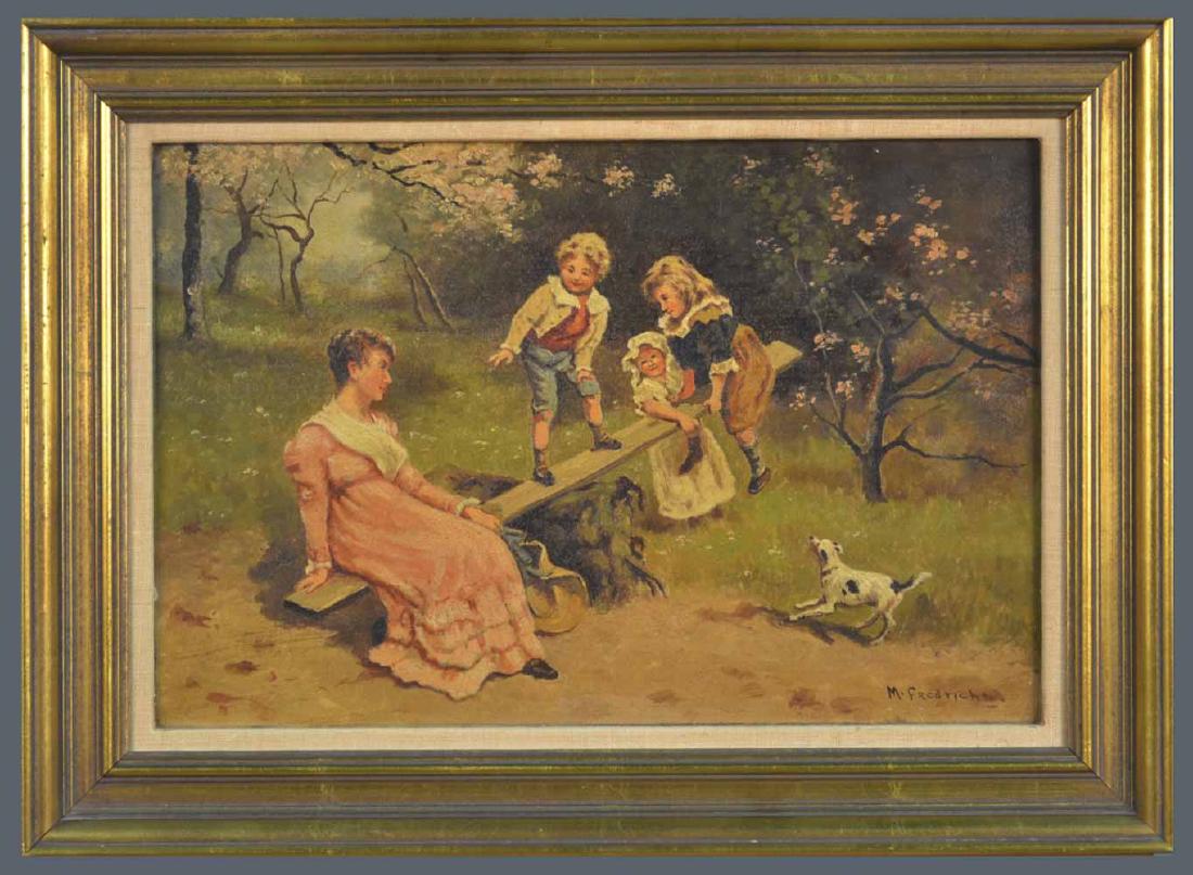 German School (19th Century): Girls playing. Oil on canvas. Signed "M. Friedrichs" (LR). Canvas size 12 x 18 inches. Framed. Notice to bidders: Condition reports and additional photographs are provided by request as a courtesy to