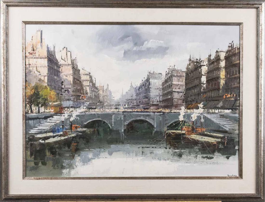 Fermin Santos (Spanish, 1909-1997): City. Oil on canvas, 20th century. Signed Santos lower right. Canvas size 20 x 30 inches. Framed. Notice to bidders: Condition reports and additional photographs are provided by request as a courtesy 