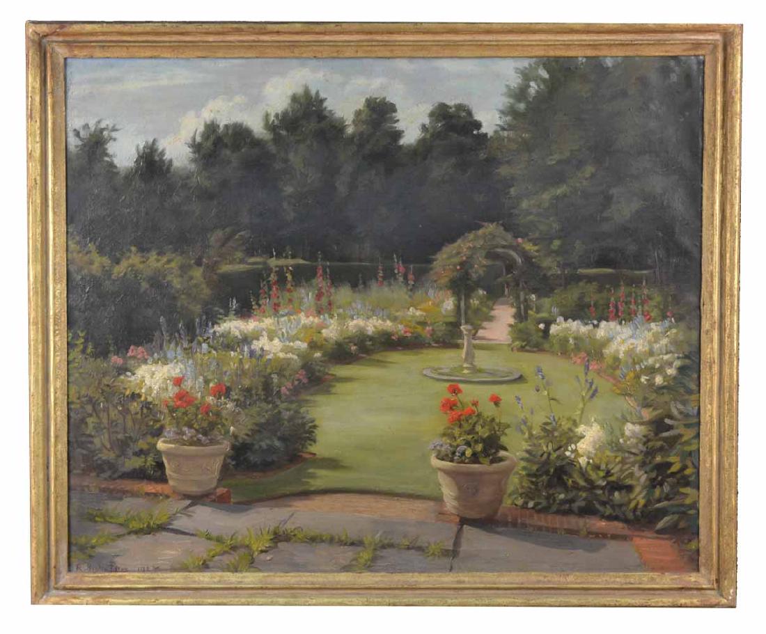 Roland H Perry (American, 1870-1941): Garden Scene. Oil on canvas, 1924. Signed and dated (l.l.). Canvas size 31 x 38 inches. Framed. Notice to bidders: Condition reports and additional photographs are provided by request as a courtesy to