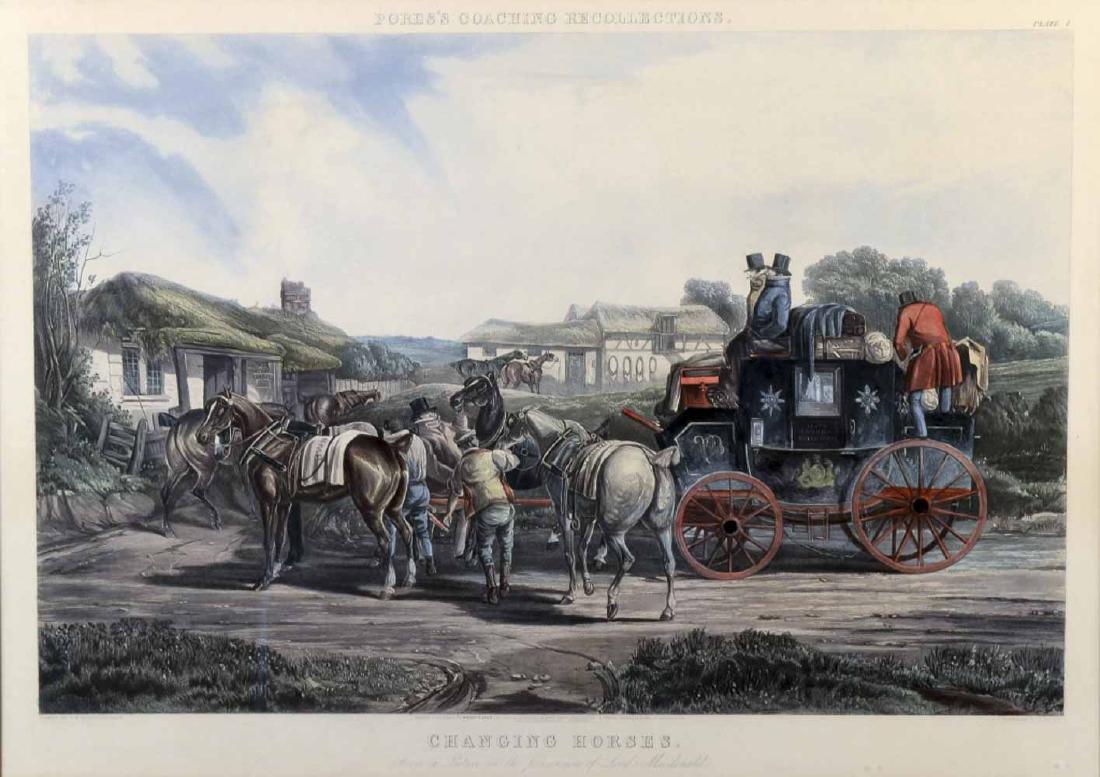 Foress Coaching Recollections (19th Century): Changing Horses, from Foress Coaching Recollectons. Hand-colored etching, 1842, published by Fores in London. Inscribed From a Picture in the Possession of Lord Macdonald (l.c.). Engraved by J. Harris