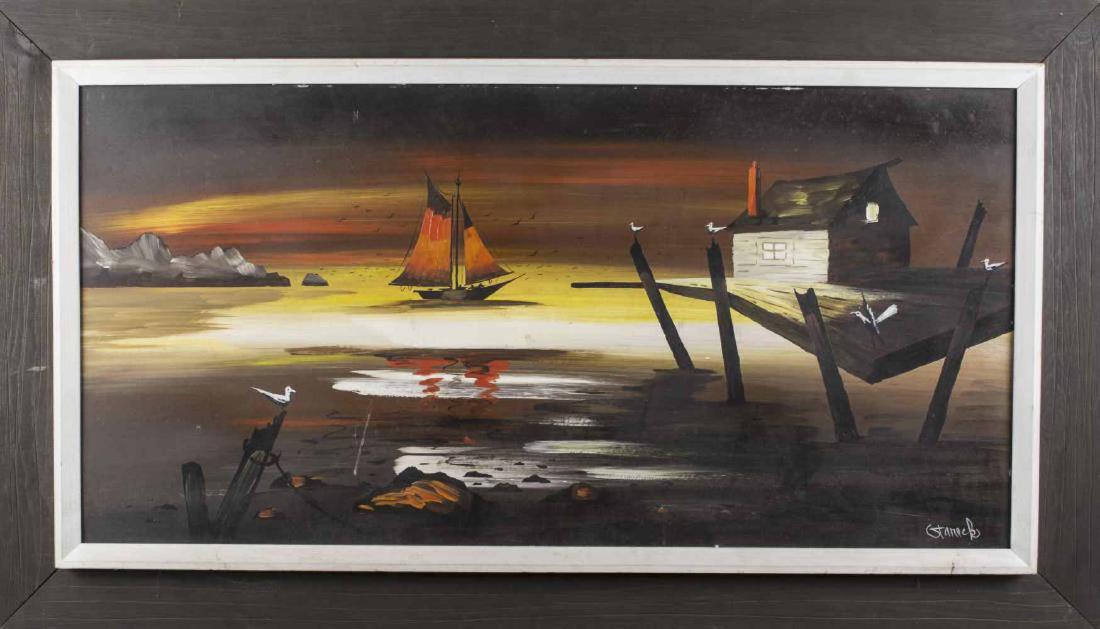 Edgar Stareck (American, 1917-1987): Boats. Acrylic on board. Signed (LR). Board size 24 x 30 inches, frame size 31 x 37 inches. Framed. Notice to bidders: Condition reports and additional photographs are provided by request as a courtes
