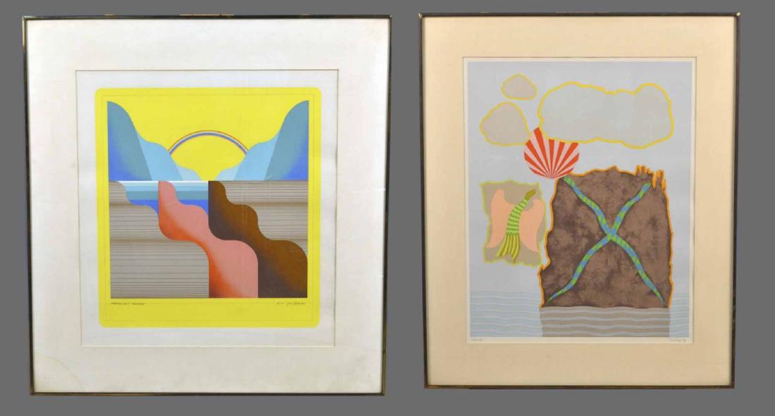 Two European School Works (circa 1970s): (1) Jens Lausen (German, 1937). Landkarte Nr. 9 "Durchstich". Silkscreen, 1970. Signed and numbered 72/100 in pencil (l.r.), titled (l.l.) and dated (l.r.). Image size 23 5/8 x 21 3/4 inches. Framed.