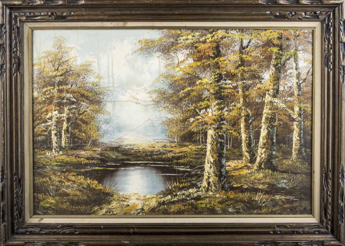 Continental School (20th Century): Landscape. Oil on canvas. Signed illegibly (l.r.). Canvas size 24 x 36 inches. Framed. Notice to bidders: Condition reports and additional photographs are provided by request as a courtesy to our clie
