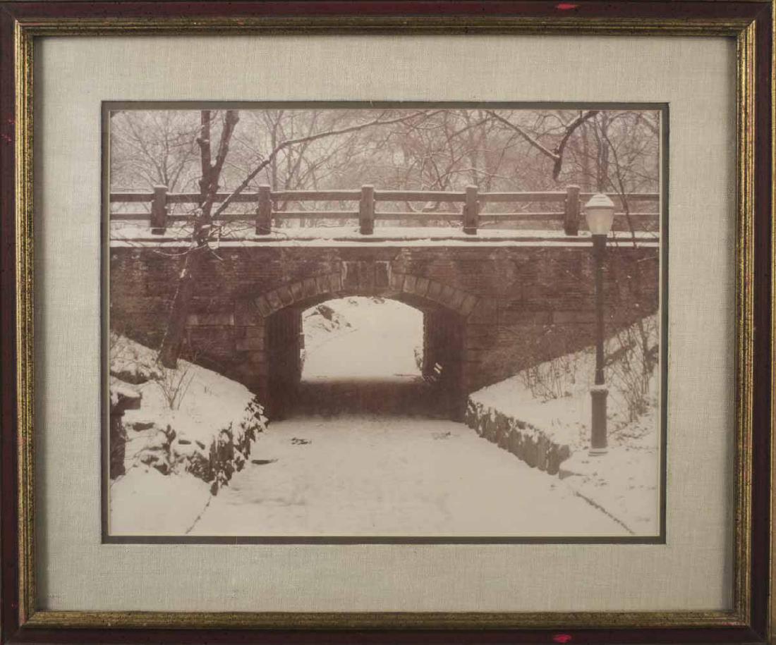 American School (20th Century): Bridge in Central Park. Photograph. Sight size 10 1/4 x 13 1/4 inches. Framed. Notice to bidders: Condition reports and additional photographs are provided by request as a courtesy to our clients, as 
