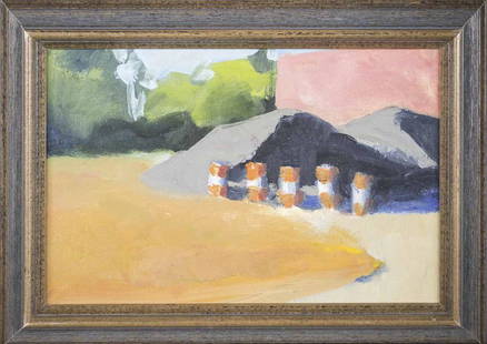 Laurie Hogin (American, 20th Century): Construction Study. Oil canvas board. Sight size 7 x 10 1/2 inches. Framed. Notice to bidders: Condition reports and additional photographs are provided by request as a courtesy to our clients, as suc