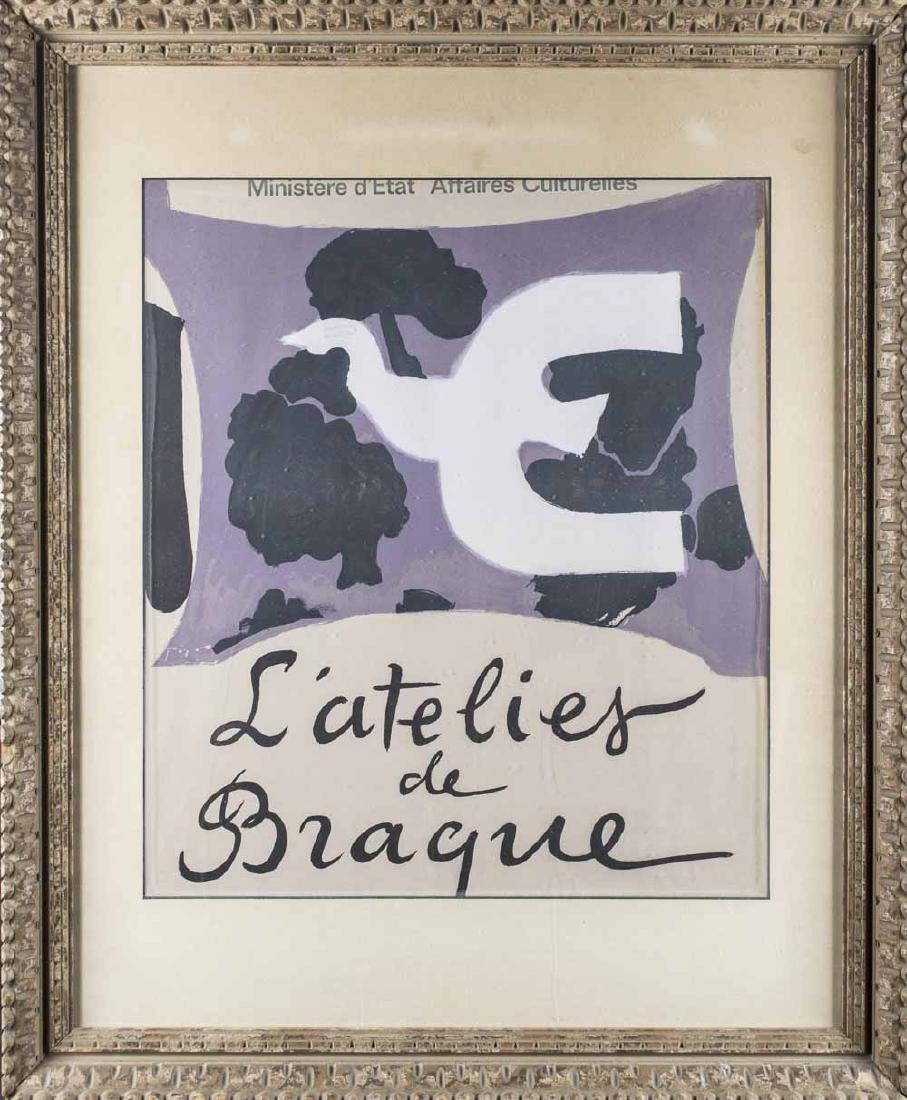 Georges Braque, LAtelier de Braque Musee Poster: Georges Braque LAtelier de Braque Musee du Louvre. Offset lithograph, 1960s. Sight size 22 x 19 inches, frame size 33 x 27 inches. Framed. Notice to bidders: Condition reports and additional photograp