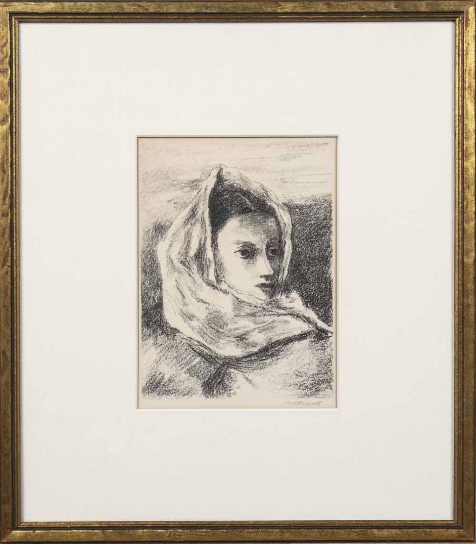Alexander Brook (American 1898-1980): Portrait of a young woman wearing a head scarf. Lithograph published by the Associated American Artists, mid-20th century. Signed (l.r.). Label on verso. Sight size, 8 1/2 x 6 1/4 inches. Frame size,