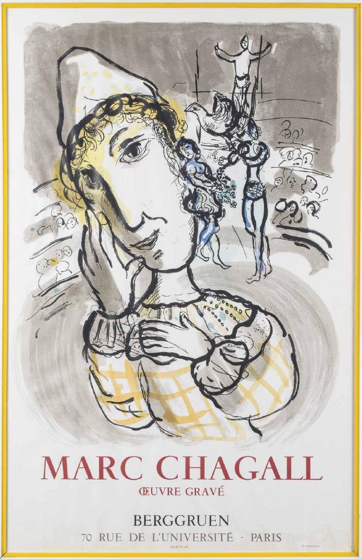Marc Chagall, Oeuvre Grave Poster: Marc Chagall (Russian/French, 1887-1985). Oeuvre Grave Poster. Offset lithograph, 1967. Printed by Berggruen. Overall size 34.5 x 22.75 inches. Framed. Notice to bidders: Condition reports and additio