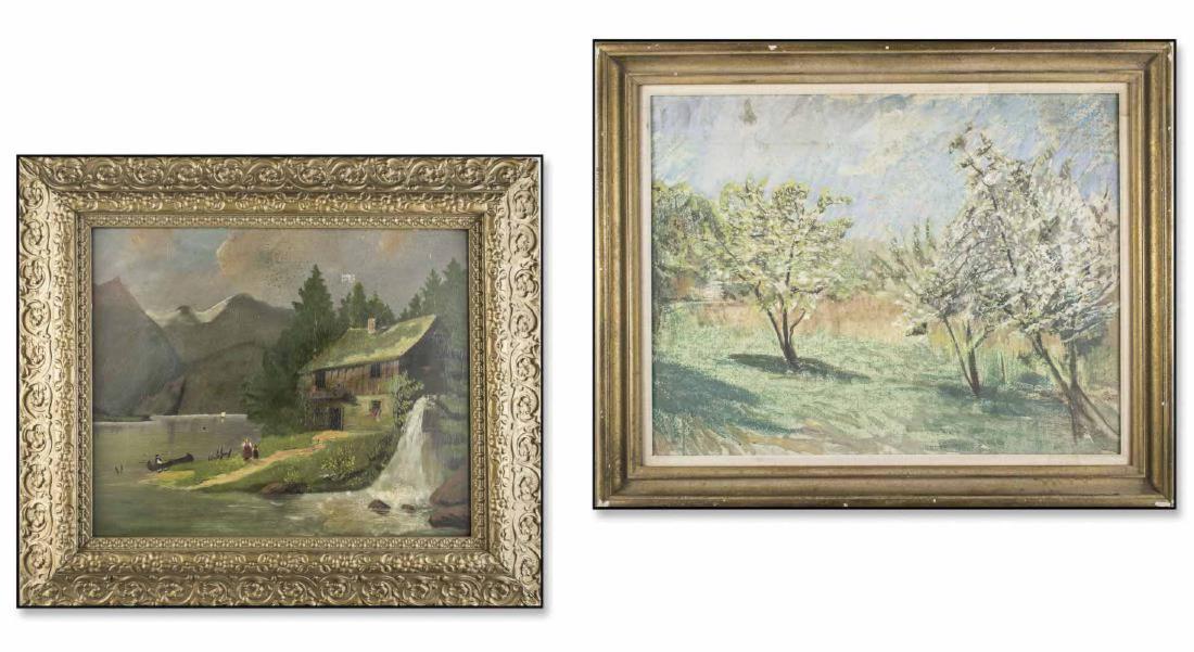 Two works by Kenneth Frazier (Am/Fr, 1867-1949): Landscapes. Oil on board. Larger board size 22 x 28 inches. One framed. Notice to bidders: Condition reports and additional photographs are provided by request as a courtesy to our clients, as such an