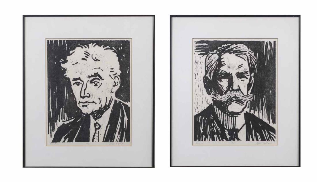 Two prints by Stan Kaplan (American, 20th Century): Holmes and Brandies. Woodblock prints, 20th century. Both signed Stan Kaplan (LR), with AP (LC) and titled (LL). Plate size 14 x 11 inches, frame size 21 x 18 inches. Matted and framed. Notice to bidd