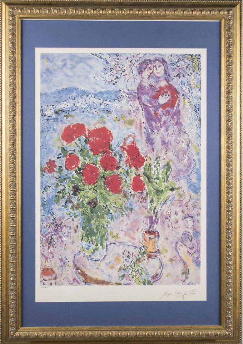 After Marc Chagall (French/Russian, 1887-1985): Red Bouquet. Lithograph. Facsimile signed in print (LR), numbered in pencil 352/500 (LL). Certificate of Authenticity attached to verso. Frame size 41 x 29 inches, sight size 24.5 x 19.5 inches. Frame