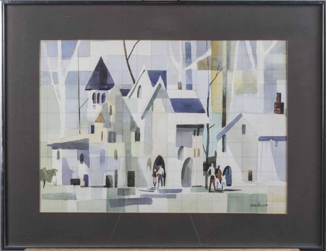 Margery Soroka (American, 1920-1990): Cubist scene. Watercolor and pencil on paper. Signed (l.r.). Sight size 14 x 20 inches. Matted and framed. Notice to bidders: Condition reports and additional photographs are provided by request as a 