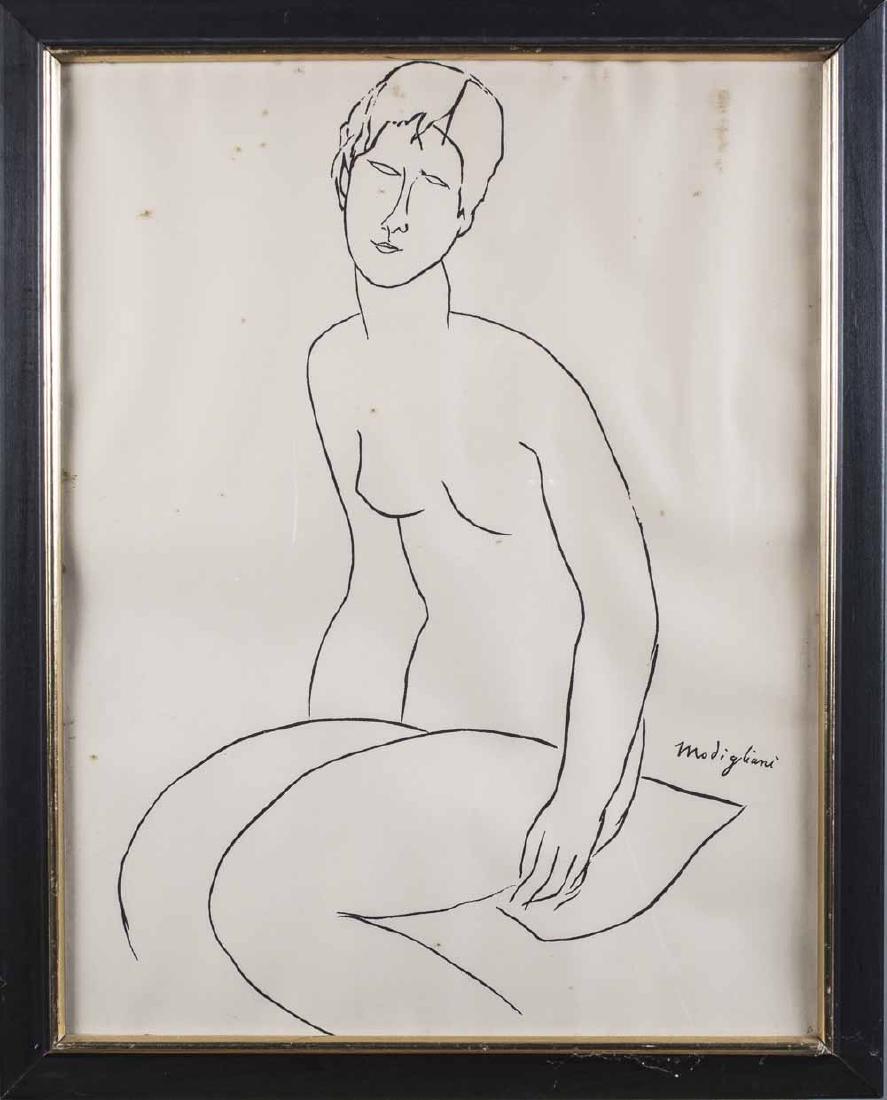 After Amedeo Modigliani (Italian, 1884-1920): Lounging Nude. Serigraph after 1918 drawing. Signed in plate (l.r.). Sight size 27 1/2 x 21 1/2 inches. Framed. Notice to bidders: Condition reports and additional photographs are provided by request
