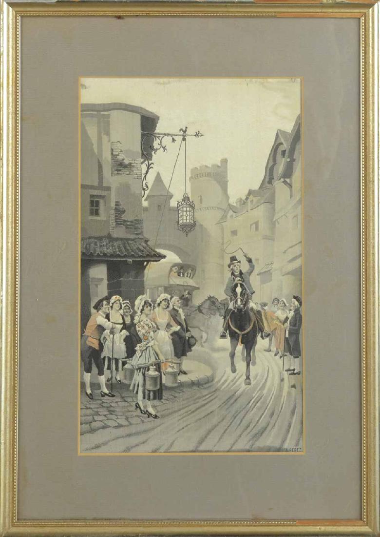 A Perez Silk Tapestry: Man riding horse through town, signed l.r. Sight size 11 3/4 x 7 3/4 inches. Matted and framed. Notice to bidders: Condition reports and additional photographs are provided by request as a courtesy to