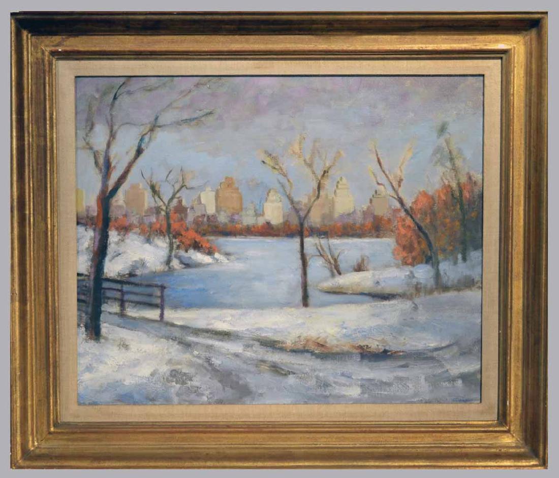 American School (20th Century): Central Park in winter. Oil on canvas. Canvas size 18 x 22 inches. Framed. Notice to bidders: Condition reports and additional photographs are provided by request as a courtesy to our clients, as such