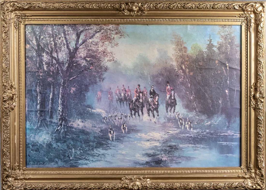 British School (20th Century): Hunting party. Giclee print on canvas. Signed Pritchard (l.l.). Canvas size 24 x 36 inches. Framed. Notice to bidders: Condition reports and additional photographs are provided by request as a courtes