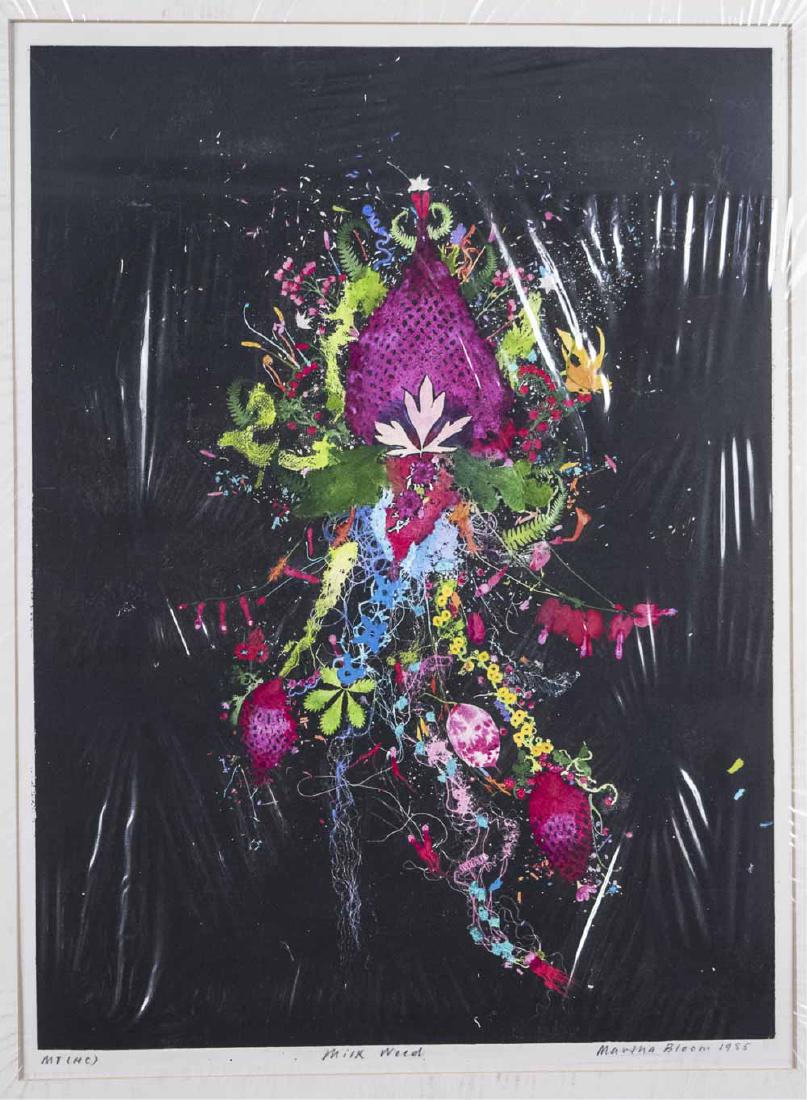 Martha Bloom (American, 1951 - ): Milk Weed. Mixed media and collage elements, 1985. Image size, 23 3/4 x 17 5/8 inches. Matted. Notice to bidders: Condition reports and additional photographs are provided by request as a courtesy to