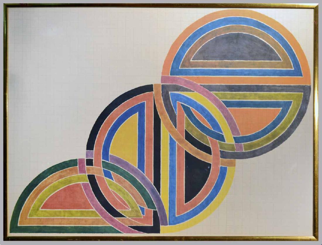 In the Manner of Frank Stella: Geometric abstract. Gouache on grid paper. Sight size 25 1/2 x 38 1/2 inches. Framed. Notice to bidders: Condition reports and additional photographs are provided by request as a courtesy to our clien