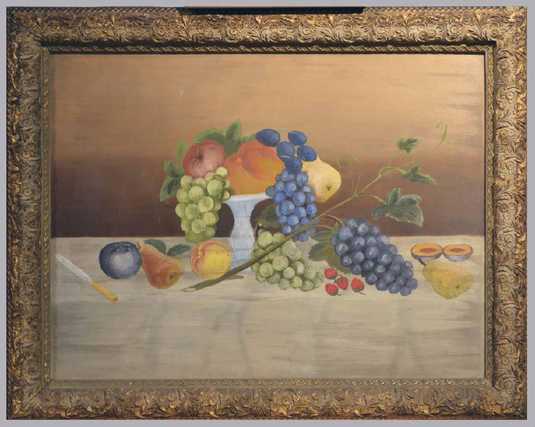 Continental School (20th Century): Fruit Still life. Oil on board. Sight size 20 x 30 inches. Framed. Notice to bidders: Condition reports and additional photographs are provided by request as a courtesy to our clients, as such any con