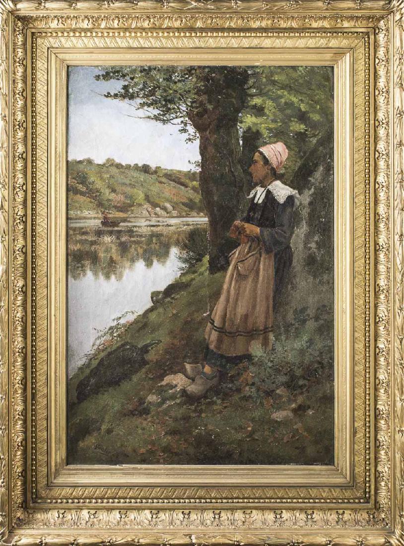 Continental School (19th Century): Girl by a Pond. Oil on canvas, circa 1880s. Signed and dated (l.l.). Canvas size 30 x 20 1/2 inches. Framed. Notice to bidders: Condition reports and additional photographs are provided by request as 