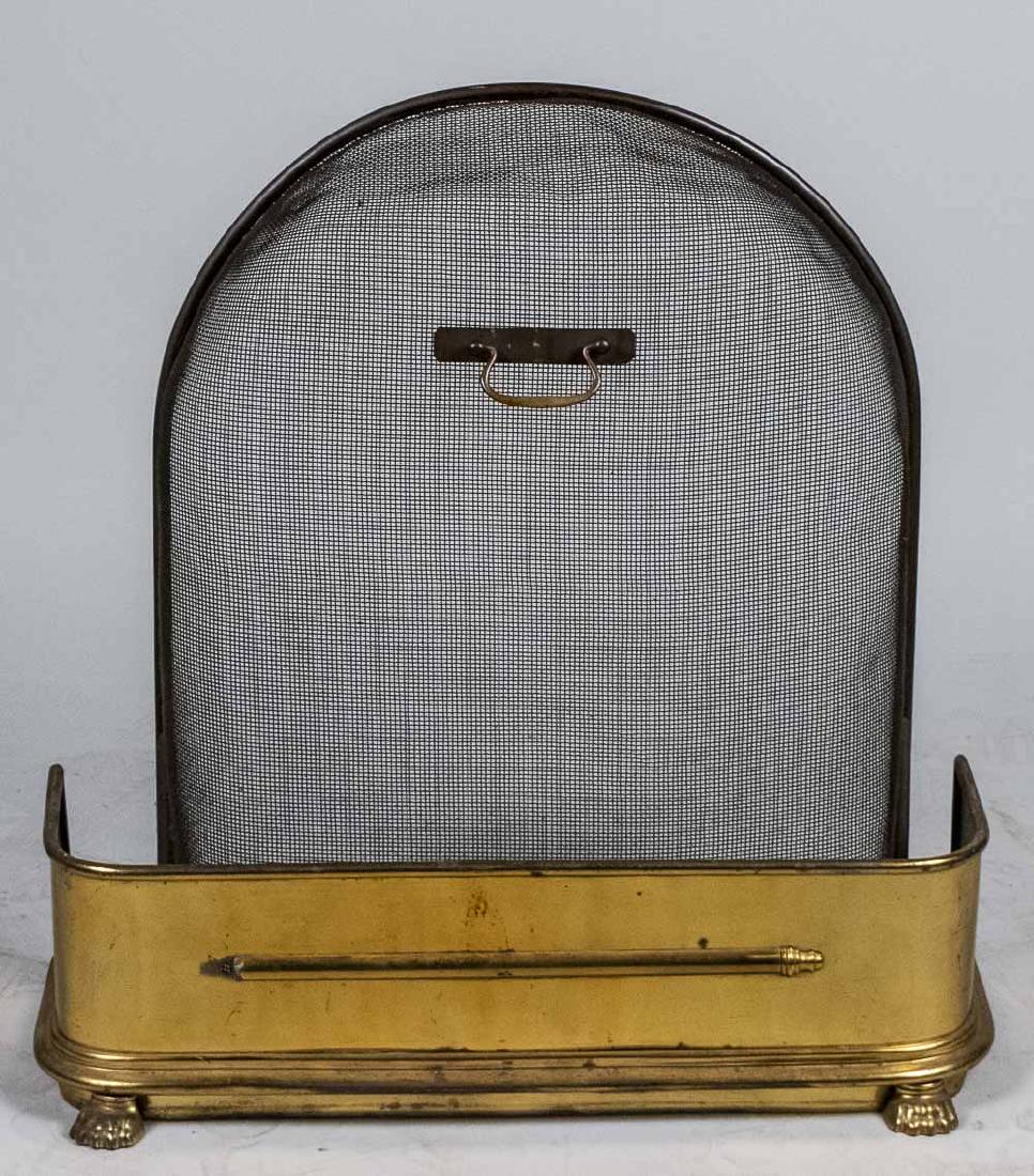 Fireplace Fender and Screen: Arched top screen and brass fender. Screen, height 28 1/2 inches, fender, length 28 inches. Notice to bidders: Condition reports and additional photographs are provided by request as a courtesy to our