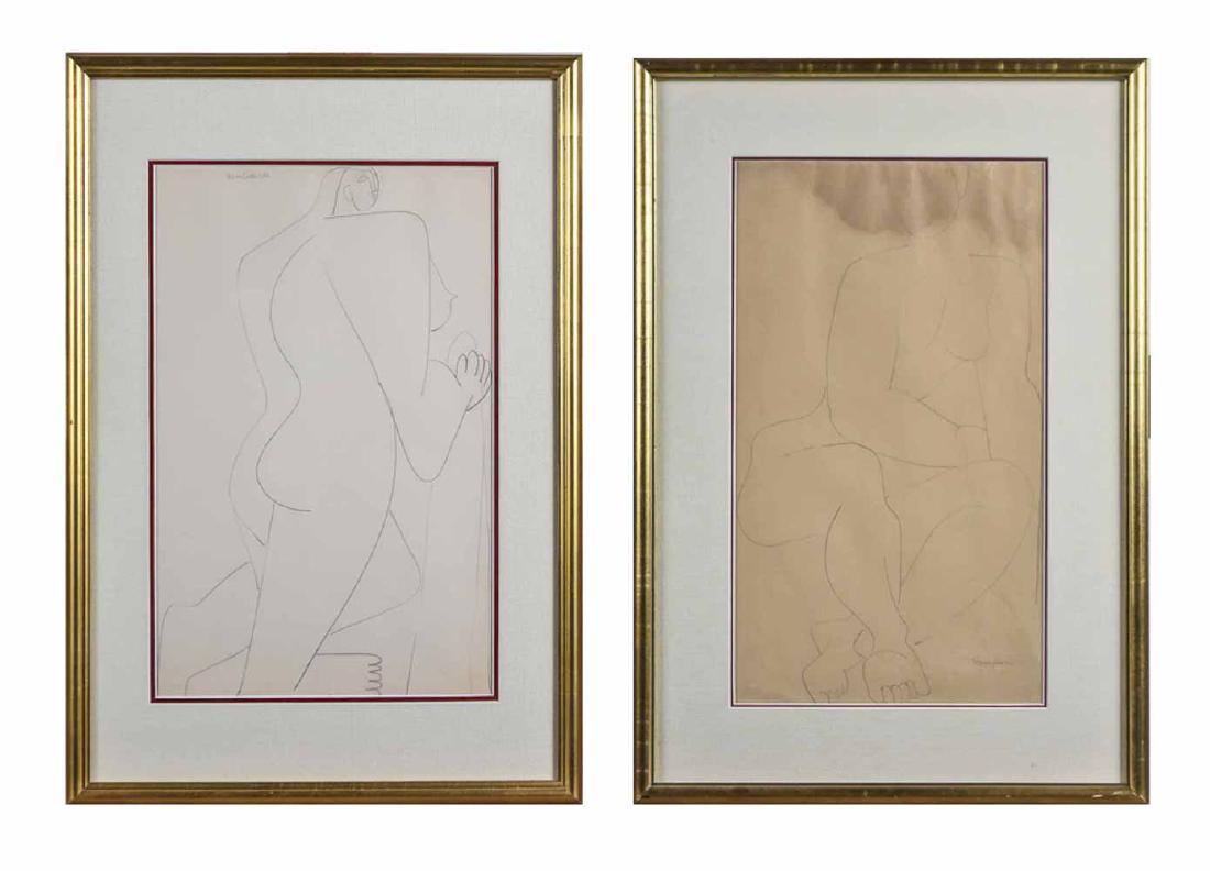 Louise Nevelson (American, 1899-1988) Drawings: Two female nudes, both pencil drawings on paper, both signed. Matted and framed. Sight size 17 x 10 1/2 inches. Provenance: Gift from the artist to S. Mitchell 1960s; who gifted the works to present o