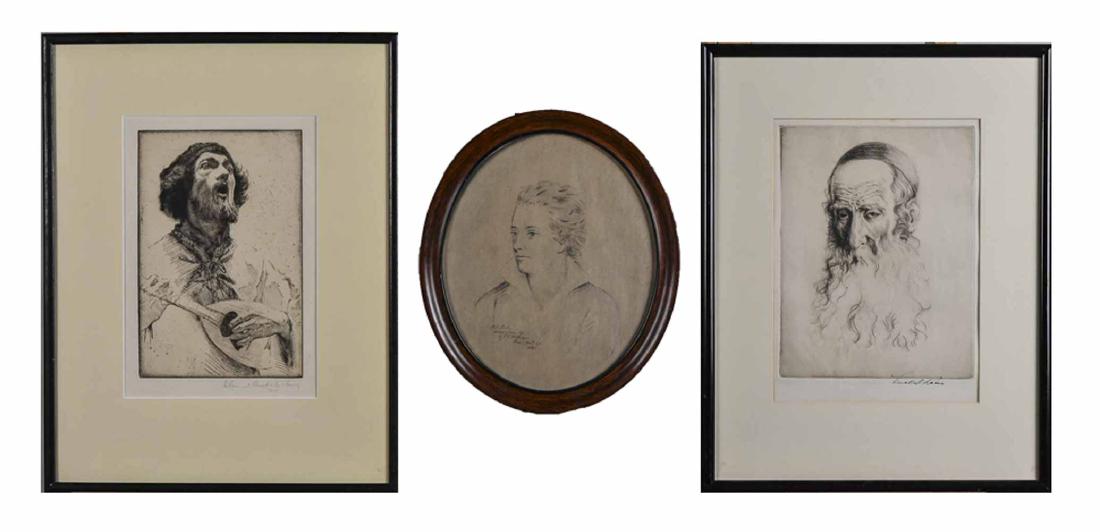 Three Portraits: (1) Italian School. Portrait of a young man. Pencil on pater. Inscribed and sign. Oval frame height, 13 1/2 x 11 1/2 inches. (2) The Troubador. Etching. Signed, William Auerbach Levy. Edition of 50. G