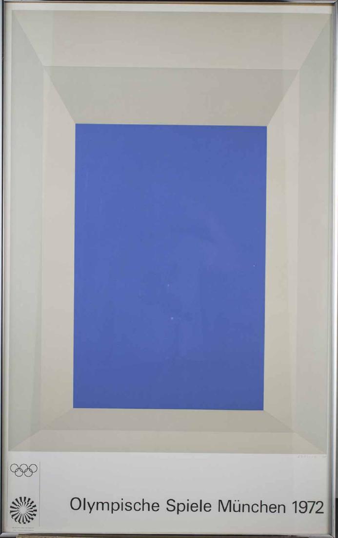 After Josef Albers (Am/Germ, 1888-1976): Munich Olympics. Poster, 1972. Signed J. Albers and dated 1970. Sight size, 39 1/2 x 24 1/2 inches. Framed. Notice to bidders: Condition reports and additional photographs are provided by request as a