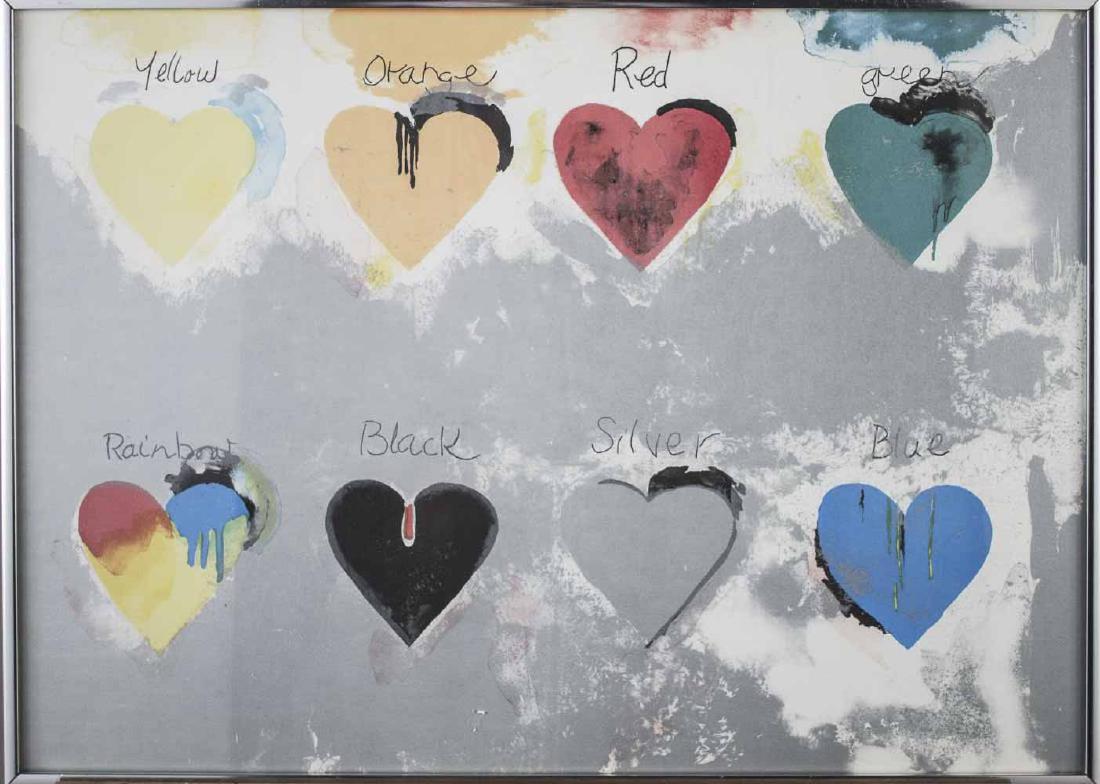 After Jim Dine (American, b 1935): Eight Hearts. Reproduction print. Sight size 17 1/2 x 24 1/2 inches. Framed. Notice to bidders: Condition reports and additional photographs are provided by request as a courtesy to our clients, as su