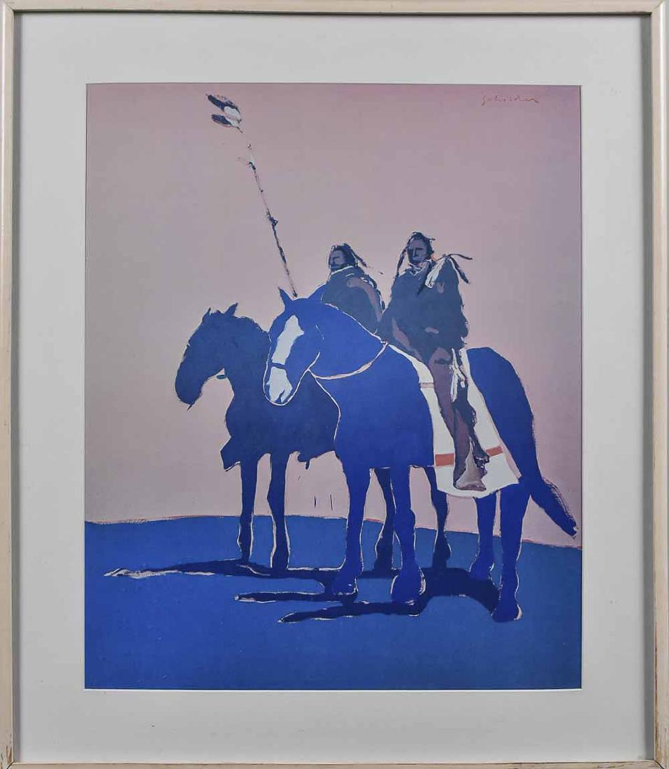 Fritz Scholder (American, 1937 -2005): Native Americans on horseback. Screenprint, signed u.r. Sight size 22 x 18 inches. Notice to bidders: Condition reports and additional photographs are provided by request as a courtesy to our clients,
