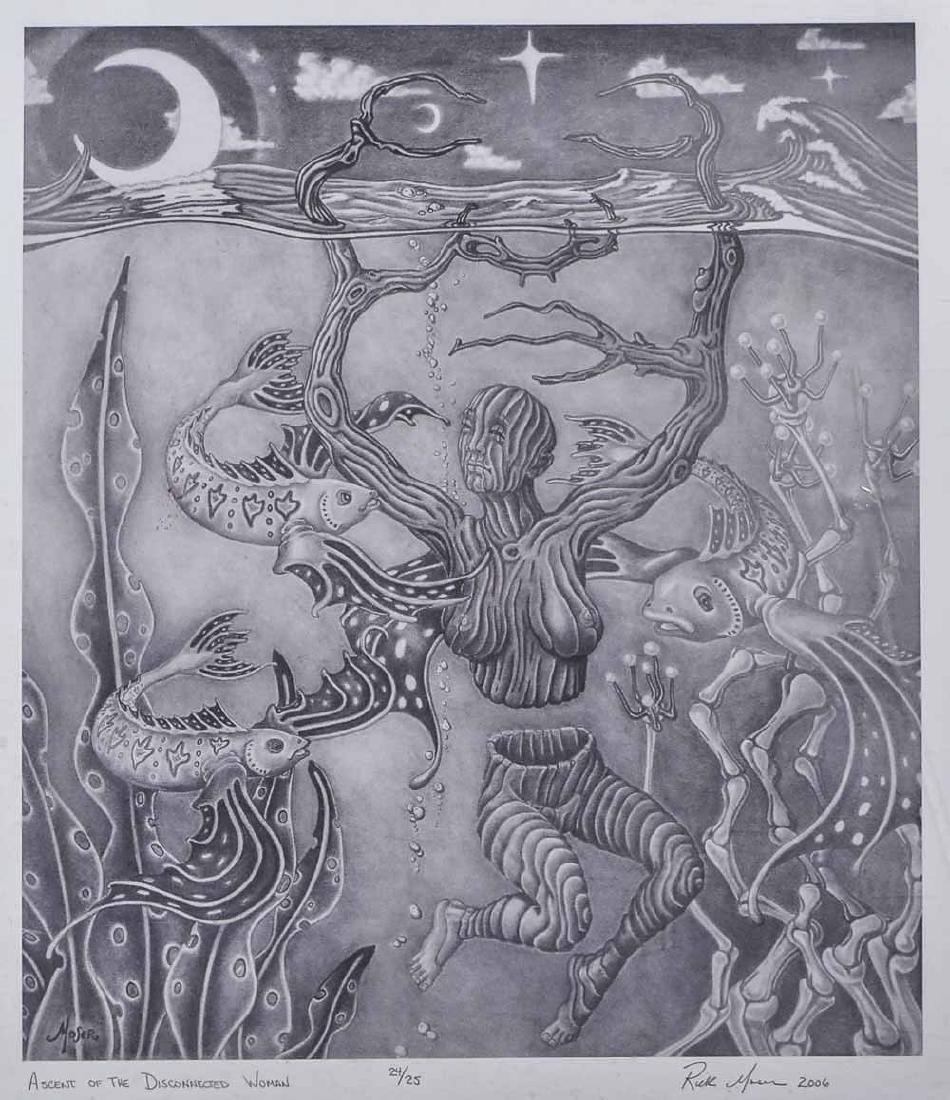 Rick Moser (20th Century): Ascent of the Disconnected Woman, black and white print, signed in the plate and pencil signed l.r. 20 x 17 1/2 inches. Notice to bidders: Condition reports and additional photographs are provided by 
