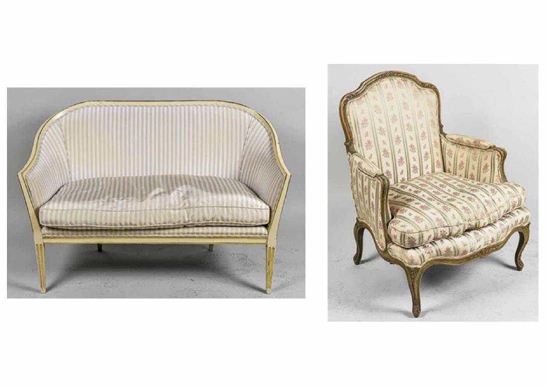 French Settee and Bergere: Settee, Height 34 inches, width 50 inches, depth 25 inches. Notice to bidders: Condition reports and additional photographs are provided by request as a courtesy to our clients, as such any condition 