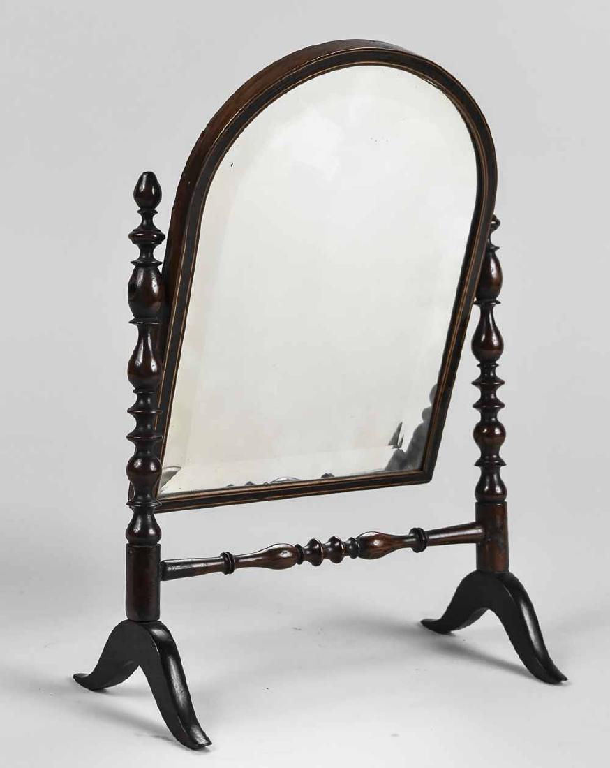 Miniature Shaving Mirror: Arched top on a turned wood stand. Height Notice to bidders: Condition reports and additional photographs are provided by request as a courtesy to our clients, as such any condition report is only an 