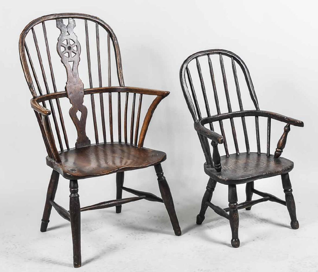 Two Windsor Chairs: Early 20th century. Larger, Height 39 inches, width 23 inches, depth 19 inches. Notice to bidders: Condition reports and additional photographs are provided by request as a courtesy to our clients, as