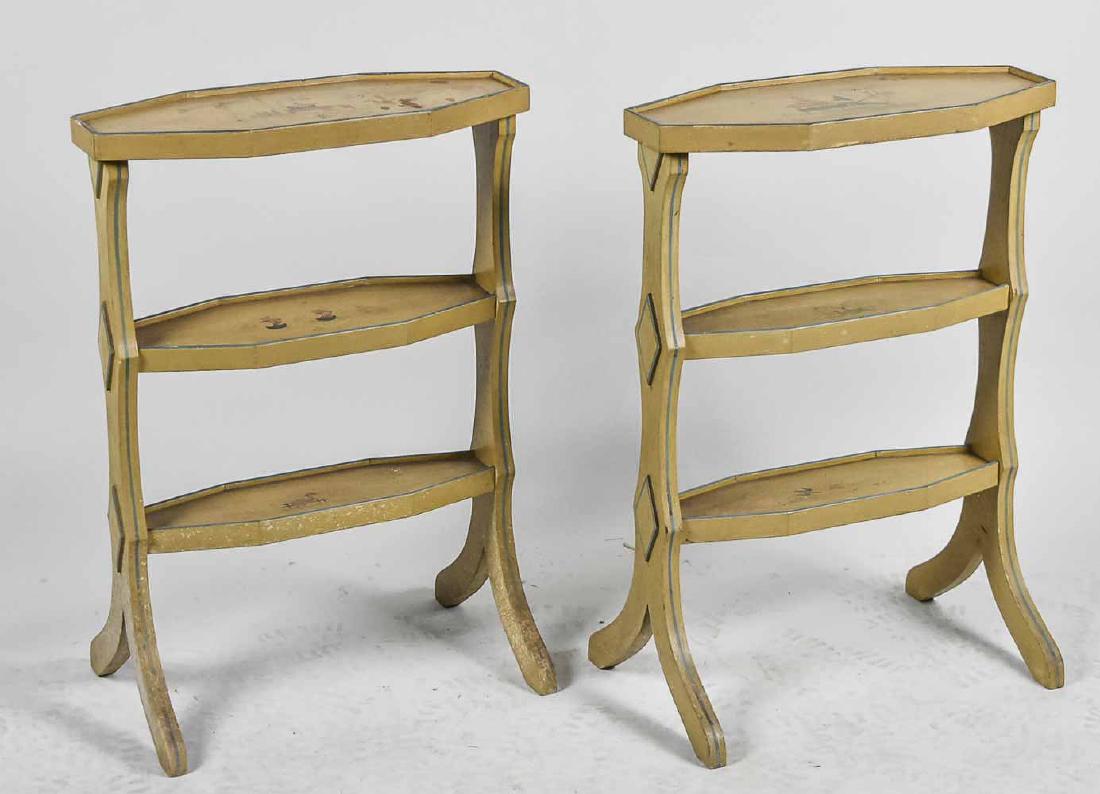 Pair of Yellow Painted Three Tier Tables: Elongated octagonal shaped tiers with painted Chinoiserie decoration. Height 28 inches, width 20 inches, depth 9 inches. Notice to bidders: Condition reports and additional photographs are provided by