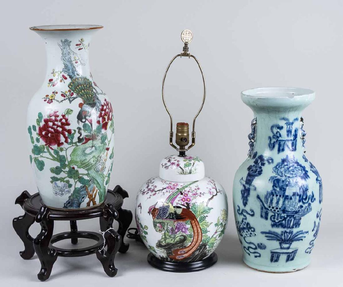 Two Asian Porcelain Vases & Lamp: Blue and white vase with landscape decoration, polychrome decorated vase with birds and flowers, and a ginger jar single light lamp. Taller vase, height 17 1/4 inches. Notice to bidders: Condition rep