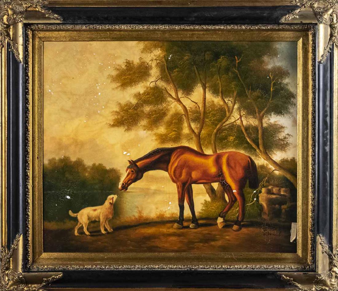 English School (19th Century): Horse and dog. Oil on canvas. Signed Daniel at lower right. Frame size 27 x 31 inches. Notice to bidders: Condition reports and additional photographs are provided by request as a courtesy to our clie