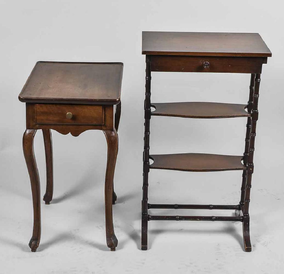 Two Occasional Tables: One a three tier table, the other a rectangular tray top table. Height 28 inches, width 16 inches, depth 11 inches. Notice to bidders: Condition reports and additional photographs are provided by requ