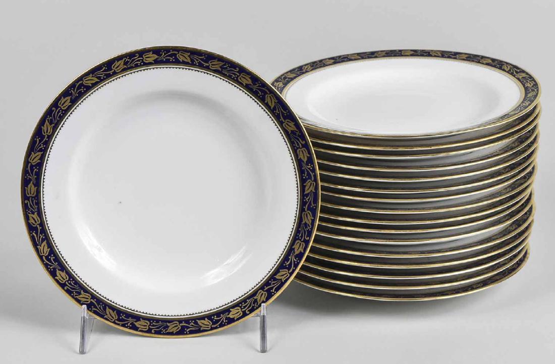 Set of Spode Porcelain Dessert Plates: Seventeen plates, pattern, R5774. Diameter 7 3/4 inches. Notice to bidders: Condition reports and additional photographs are provided by request as a courtesy to our clients, as such any condition rep