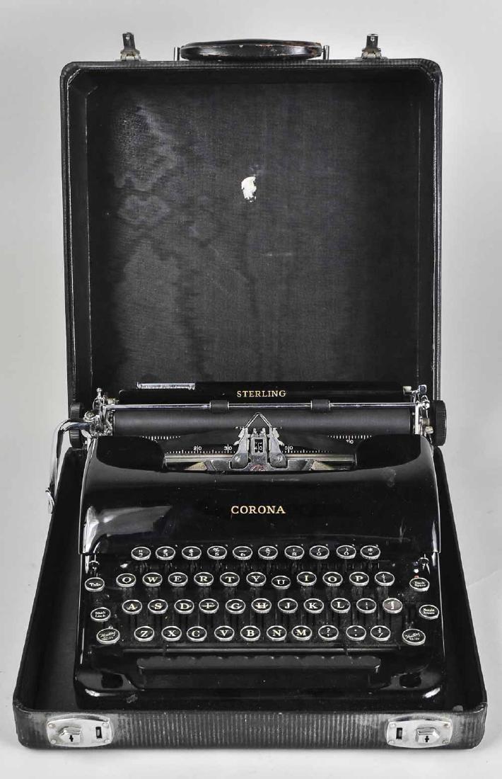 Corona Portable Typewriter: Sterling model, in black carrying case. Notice to bidders: Condition reports and additional photographs are provided by request as a courtesy to our clients, as such any condition report is only an op