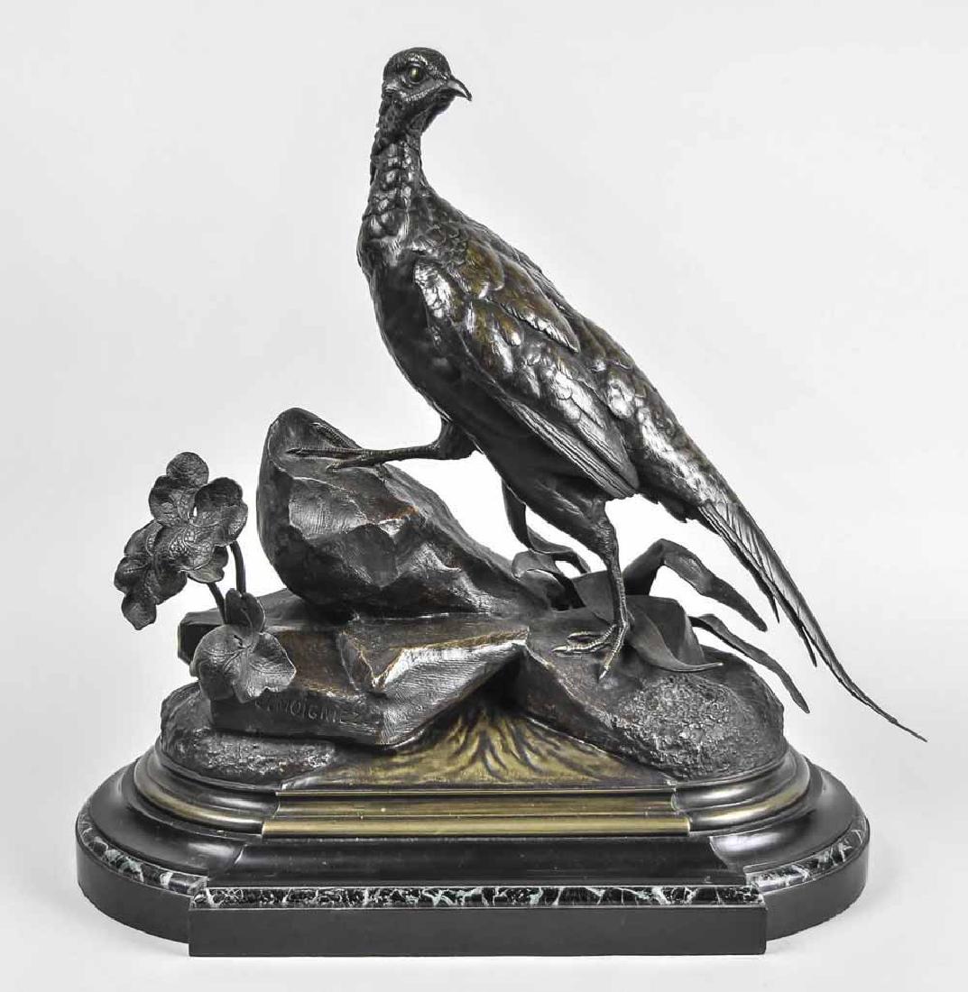 Jules Moignez (French, 1835-1894): Pheasant Perched on Rockery. Bronze with brown patina. Signed J. Moigniez on rock. Black and green marble base. Height 19 3/4 inches, with base 22 1/4 inches. Provenance: Purchased in the mid-1970s fr