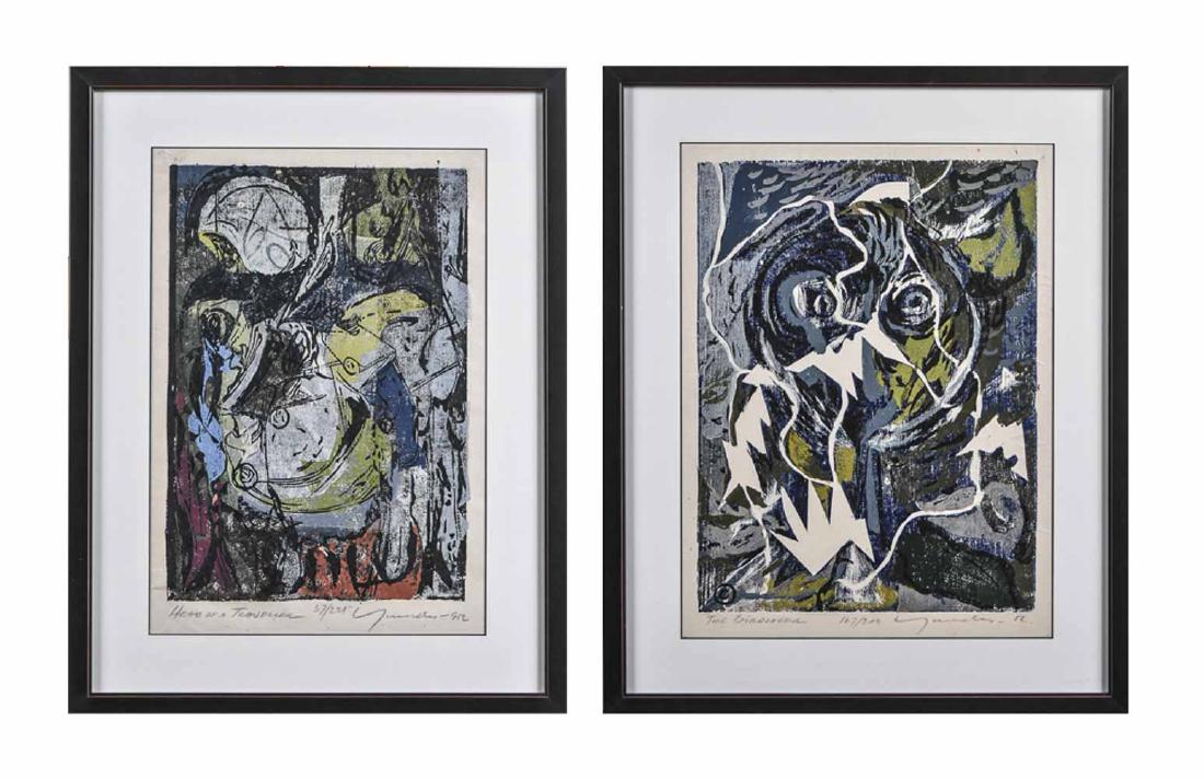 Adja Yunkers (Am - Lativan, 1900-1963) Two Prints: Two abstract prints, (1) Head of a Traveller; and (2) The Birover, signed and numbered, matted and framed. Sight size 16 x 12 inches. Provenance: Gift from the Artist Notice to bidders: Condition repo
