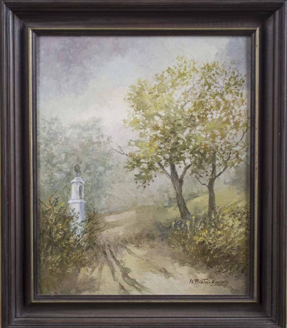 Maria Biata Zwinis (Polish, 20th Century): Landscape. Oil on canvas board. Signed (l.r.). Sight size 17 3/4 x 14 1/2 inches. Framed. Notice to bidders: Condition reports and additional photographs are provided by request as a courtesy to our c