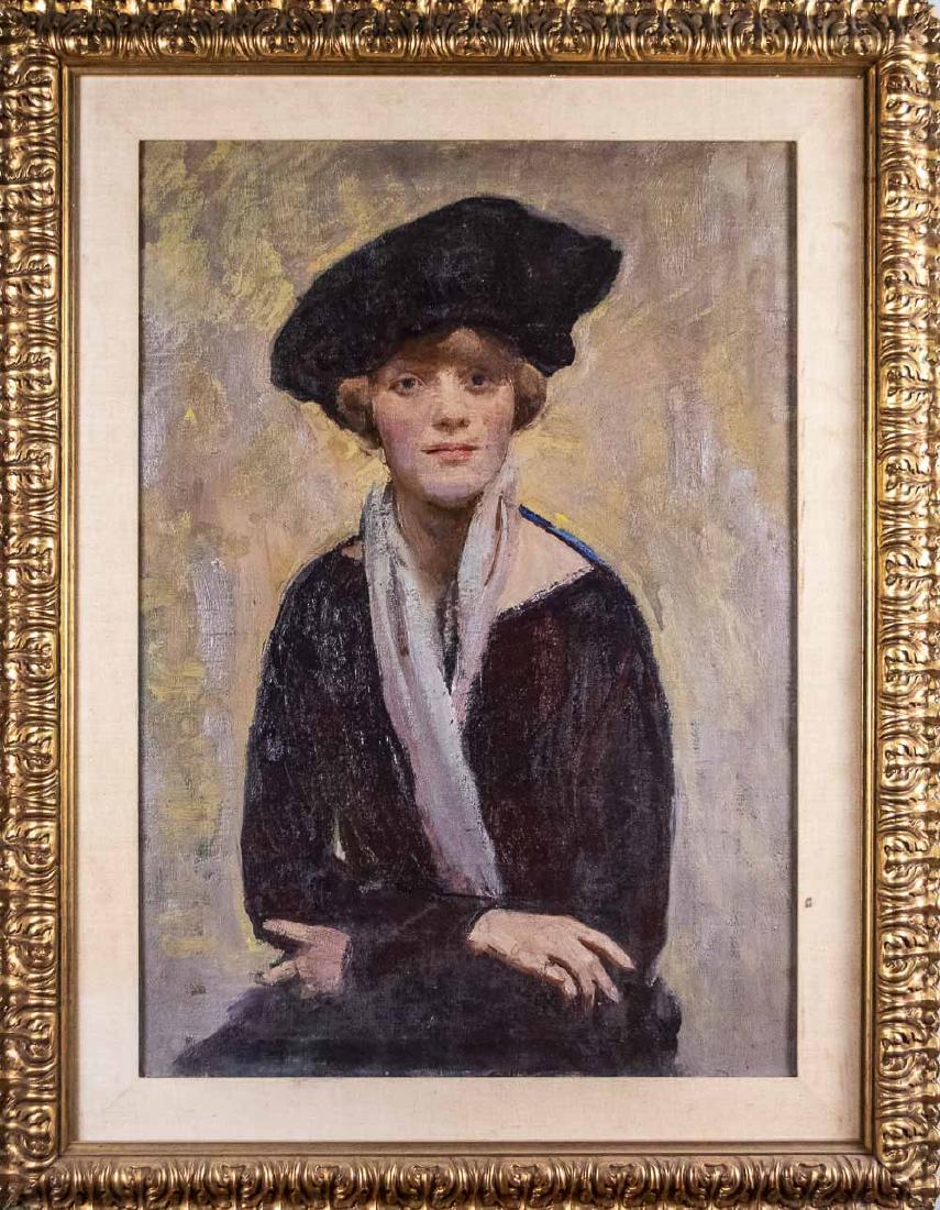 Kenneth Frazier (American, 1867 - 1949): "Portrait of a Woman with Scarf." Oil on canvas, c. 1920. Amarillo Art Center and San Jose Museum of Art labels on the verso. Canvas size, 34 x 24 inches. Frame size 43 1/2 x 33 inches. Notice to bidd