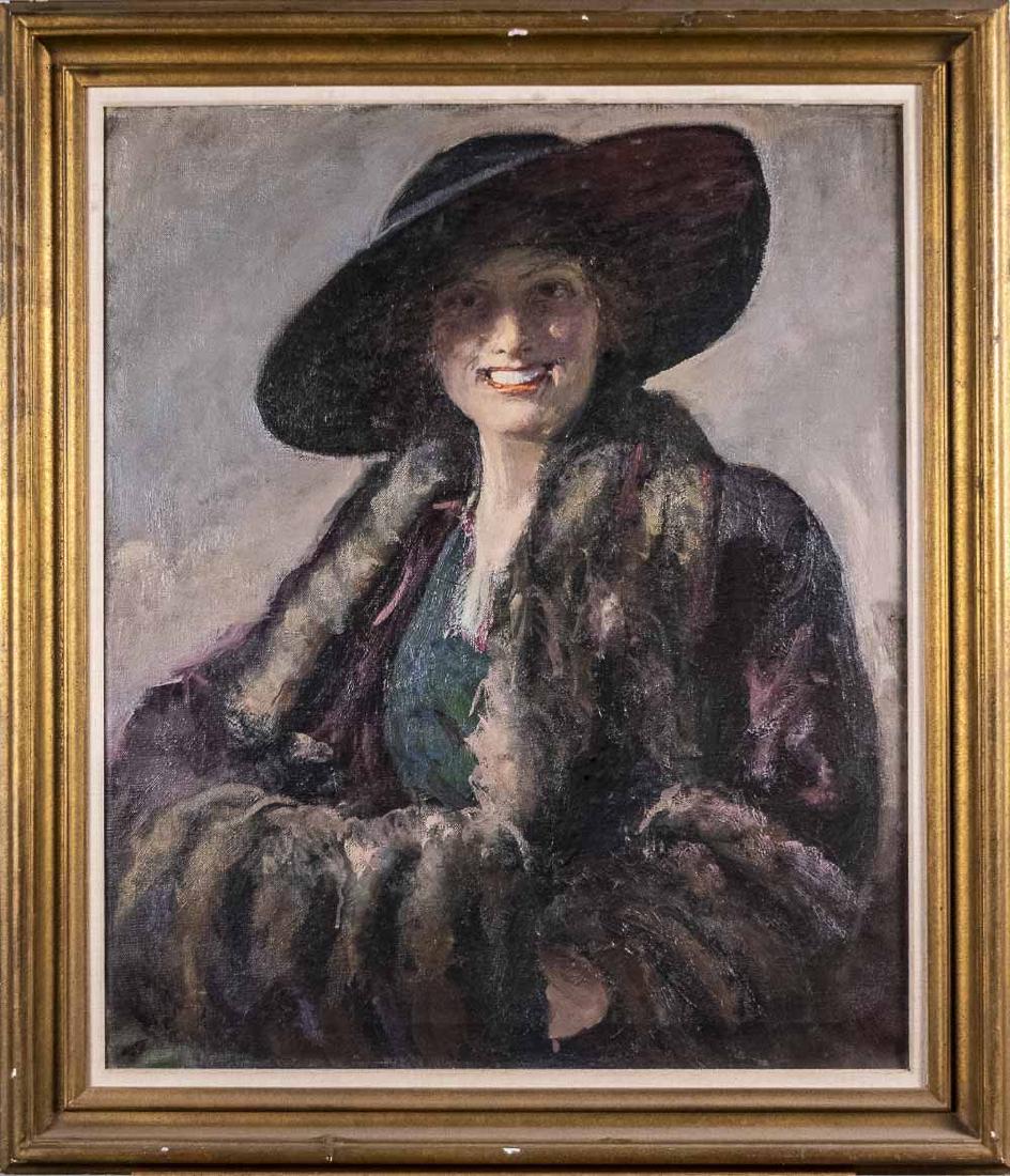 Attributed to Kenneth Frazier (American,1867-1949): Portrait of a smiling woman. Oil on canvas. Canvas size 30 x 25 inches. Notice to bidders: Condition reports and additional photographs are provided by request as a courtesy to our clients, as such an