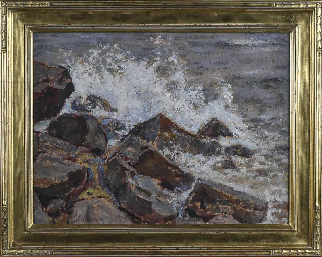 Joel J Levitt (Russian/American, 1875-1937): Wave crashing on rocks. Oil on board,. Signed at lower left. Board size, 12 x 16 inches. Notice to bidders: Condition reports and additional photographs are provided by request as a courtesy to our cl