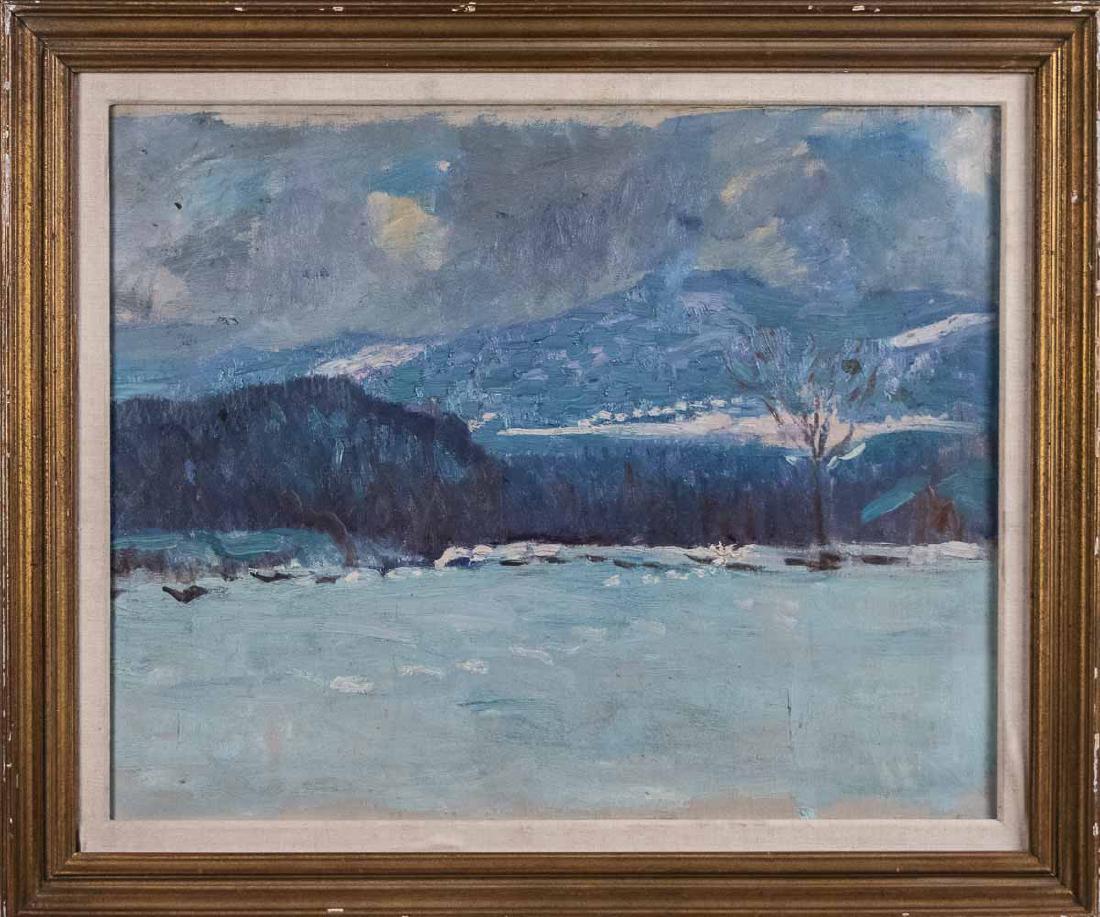 Attributed to Kenneth Frazier: Blue snow scene. Oil on canvas. Canvas size, 21 x 25 inches. Framed. Notice to bidders: Condition reports and additional photographs are provided by request as a courtesy to our clients, as such any c