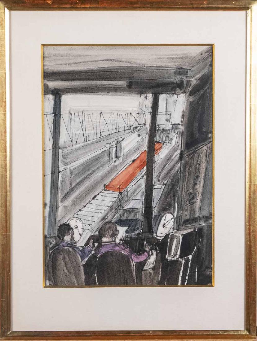 Industrial illustration (20th century): Engineers in control booth. Watercolor and gouache on paper, 1963. Sight size, 19 x 13 3/4 inches. Frame size, 27 3/4 x 21 inches. Notice to bidders: Condition reports and additional photographs are p
