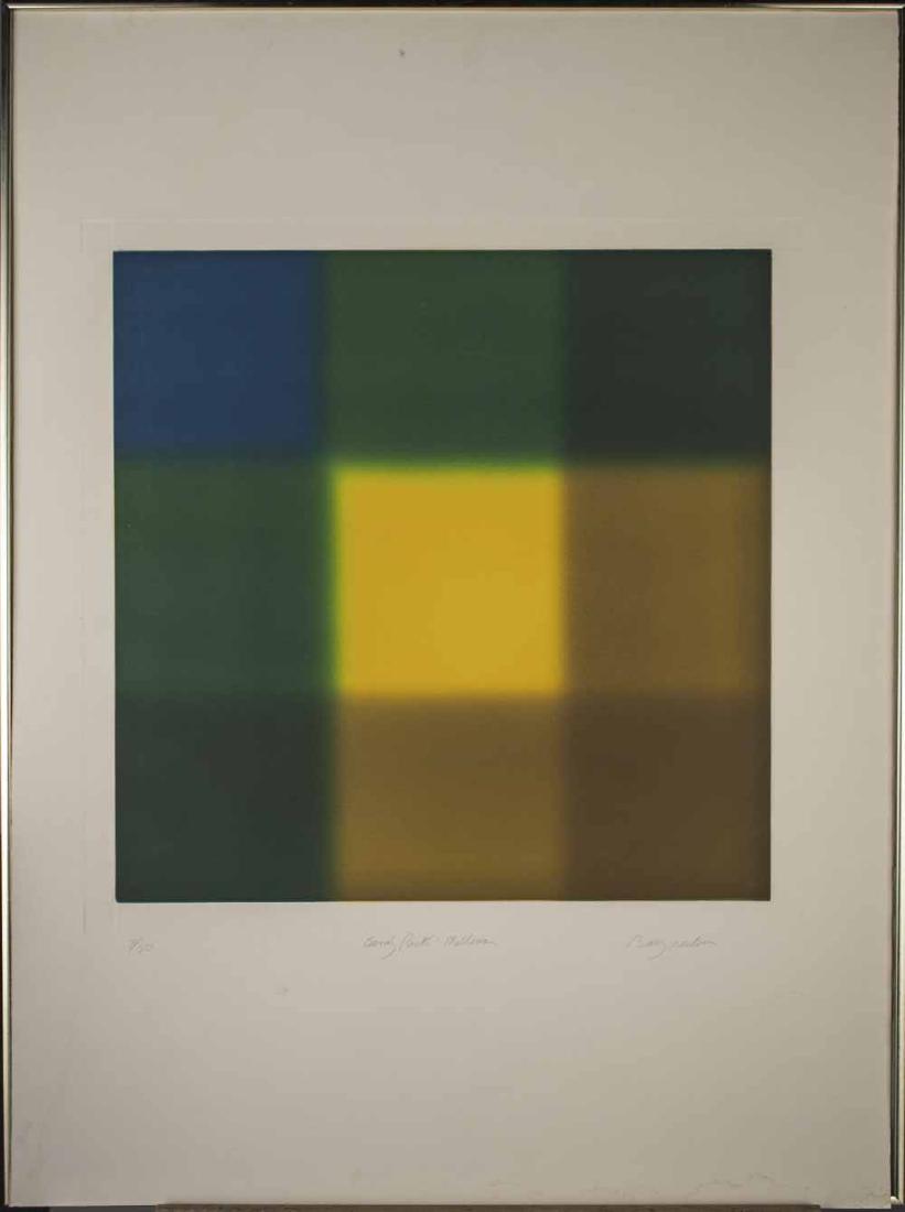 Barry Nelson (British/American, b 1937): Geometric Abstract. Color Lithograph. Signed (l.r.), titled illegibly (l.c.), numbered 7/50 (l.l.). Sight size 39 x 29 1/2 inches. Framed. Notice to bidders: Condition reports and additional photograp